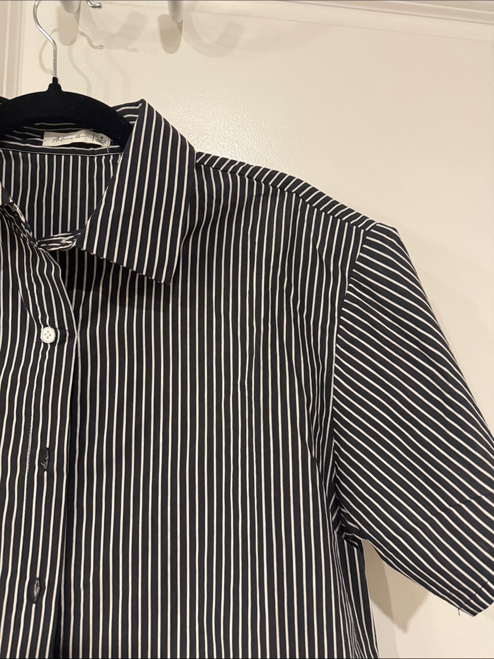 Active USA Black and White Striped Short-Sleeve Button-Down Crop Shirt - Picture 9 of 11
